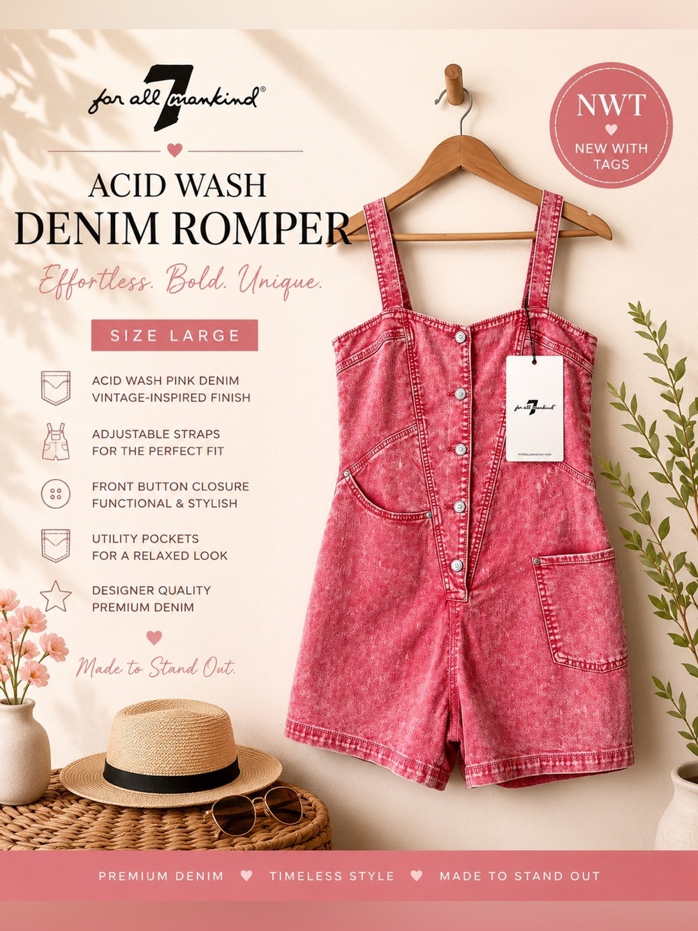 7 For All Mankind Acid Wash Pink Denim Romper Overall Shorts Size L NWT